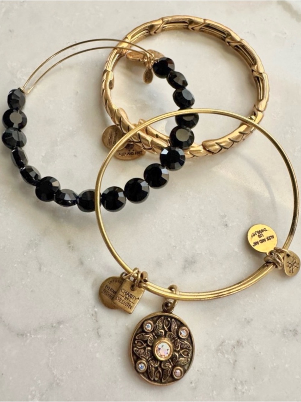 Alex and Ani Gold and Black Beaded Charm Bangle Set